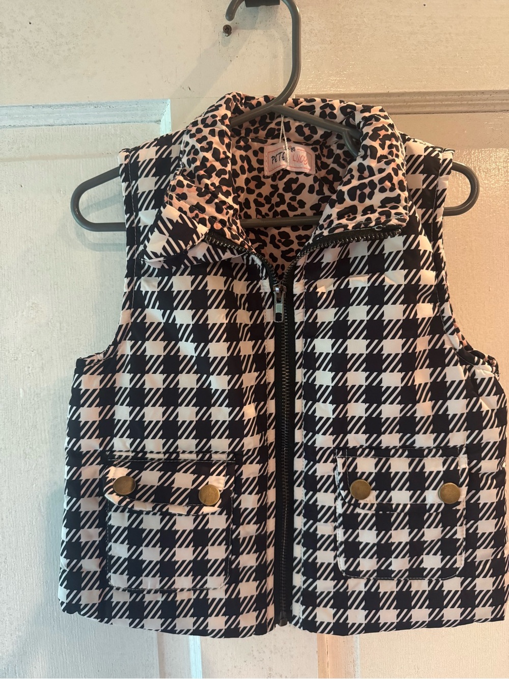 Plaid Puffer Vest with Leopard Lining - Black & White - Kids